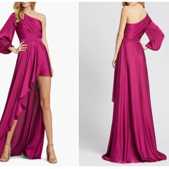 MAC DUGGAL 49141 ONE SHOULDER LONG SLEEVE SATIN HI-LO BERRY GOWN sz 4 - Picture 4 of 4
